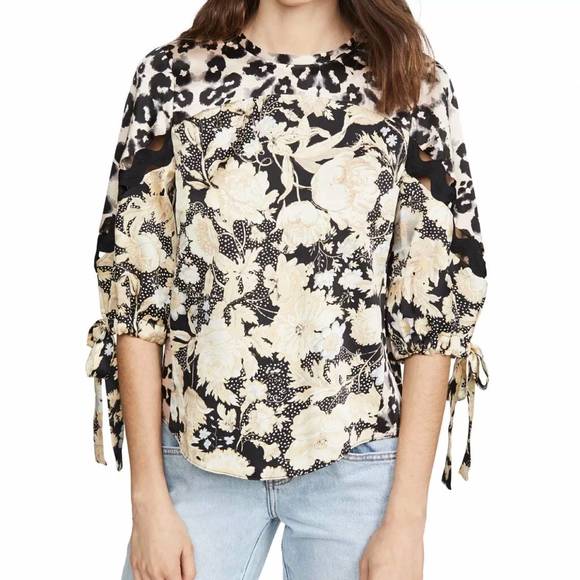 NEW REBECCA TAYLOR longsleeve gold leaf top in black combo - Picture 1 of 4
